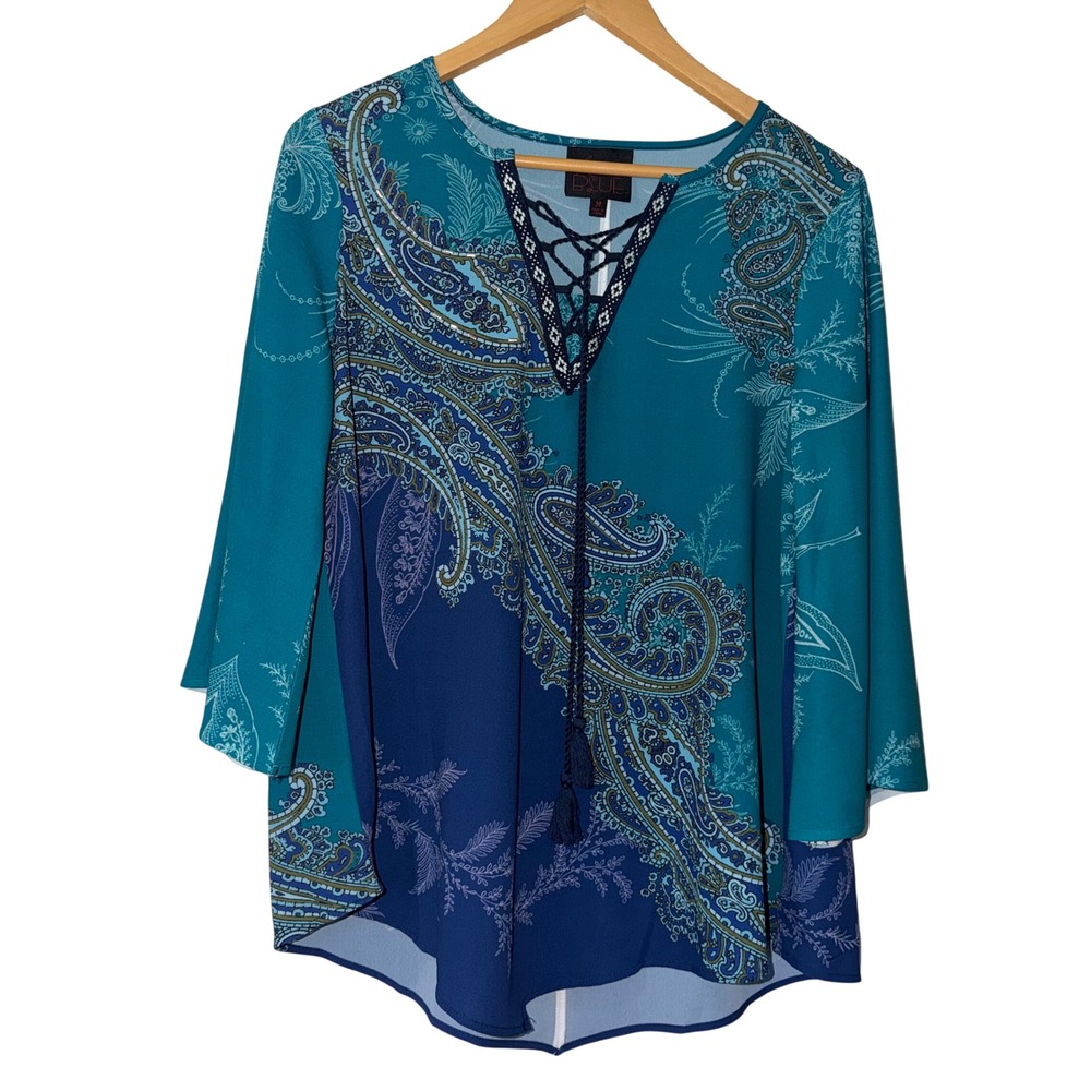 French Blue Paisley Lace Up Tassel Blouse Teal Navy Bell Sleeve M171203 Medium
